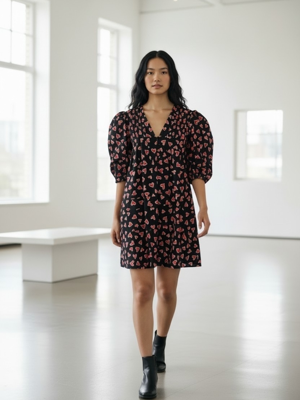 Hunter Bell Jenkins Dress Onyx Heart Print Puff Sleeve Mini Dress Pockets S
